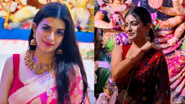 পূজার সাজে চিত্রনায়িকা মন্দিরা চক্রবর্তী: ভক্তদের মাঝে ছড়িয়ে দিলেন সম্প্রীতির বার্তা
